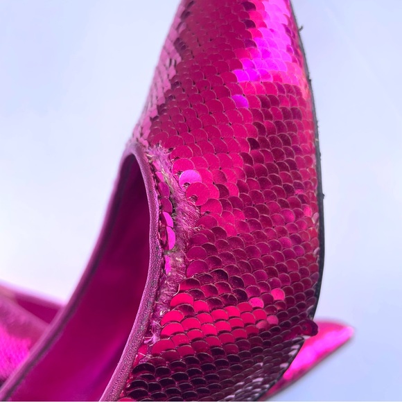 Alice + Olivia Demetra Fuchsia Pink Sequin Block Pointed Toe Slip On Heels - Picture 3 of 9